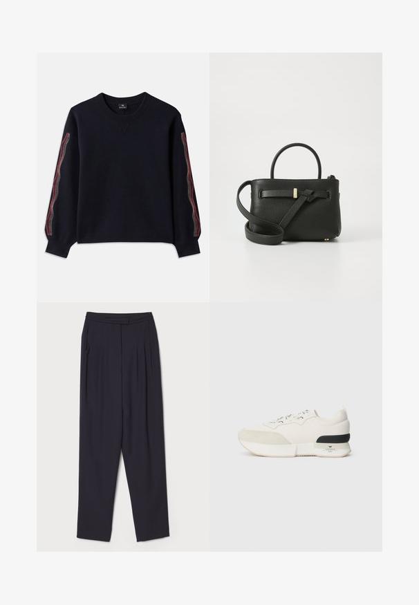 Navy sweater with a round neckline, long sleeves, and patterned accents in red, yellow, and white along the sides. Made from soft fabric.; Dark navy trousers made of soft fabric, featuring pleats and a straight-leg design with a standard waistband and side pockets.; White sneaker featuring a textured suede toe cap, smooth mesh upper, decorative laces, and a black rubber heel accent.; Black leather handbag with a textured finish, top handles, and a long adjustable strap. Features a gold-tone hardware accent on the front.