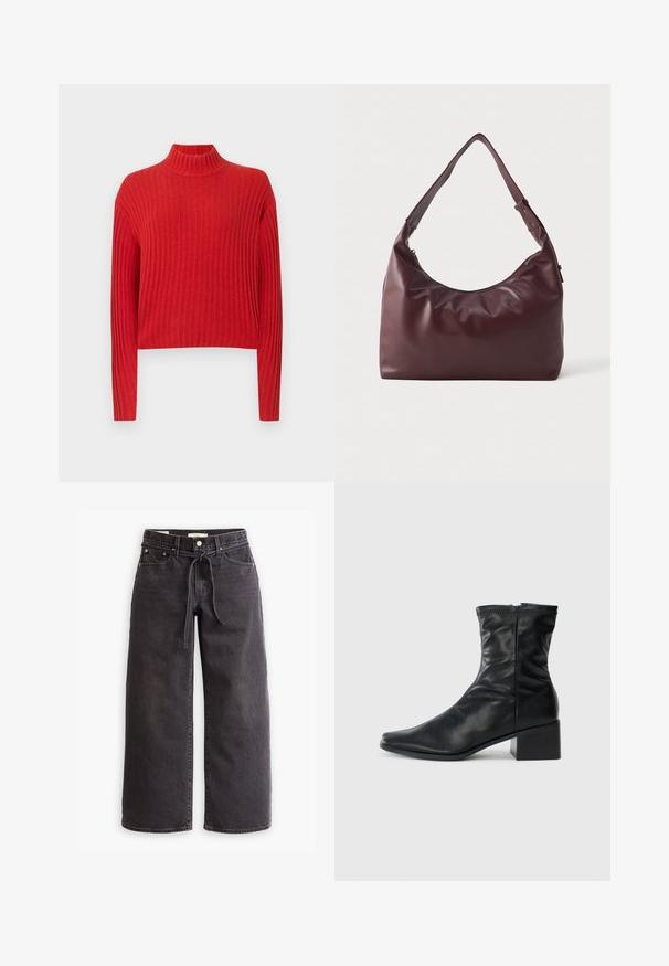Punainen ribbipaita, jossa on korkea kaulus, pitkät hihat ja lyhyt malli. Kankaan tekstuuri näyttää pehmeältä ja neulotulta, ja siinä on pystysuorat raidat.; Musta pitkähihaisen korkeakauluksinen paita, joka on valmistettu sileästä kankaasta; muotoonommeltu malli, jossa on korkea kaulus ja ei näkyviä saumoja. Yksinkertainen, yhtenäinen väri.; Mustat leveälahkeiset farkut, jotka on valmistettu denimistä, varustettu nyöri vyötäröllä, viidellä taskulla ja kontrastiväreillä koristelluilla saumoilla. Tasainen etuosa.; Mustat nahkasaappaat, jotka ulottuvat keskileiluun, neliskanttinen kärki, sivuvetoketju ja paksu korko, valkoista taustaa vasten.; Sileä burgundinpunainen nahkainen olkalaukku, jossa on säädettävä hihna ja vetoketjukiinnitys, esiteltynä yksinkertaista valkoista taustaa vasten.