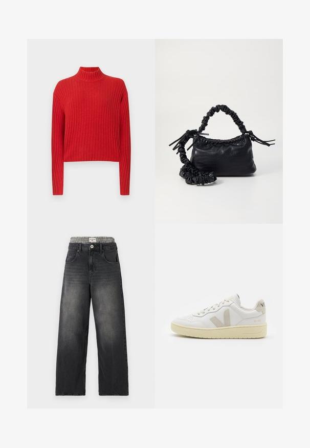 Κόκκινο ριγέ πουλόβερ με ψηλό γιακά, μακριά μανίκια και cropped σχέδιο. Η υφή του υφάσματος φαίνεται μαλακή και πλεγμένη, με κάθετες ρίγες.; Μαύρα τζιν με φαρδιές leg και λινό ζώνη με σχέδιο καρό. Χαρακτηριστικά περιλαμβάνουν μπροστά τσέπες και κλείσιμο με κουμπί. Εντονότατη φθορά.; Λευκά δερμάτινα αθλητικά παπούτσια με μπεζ σουέτ λεπτομέρειες, διάτρητο μπροστινό μέρος, επίπεδα κορδόνια και υφασμάτινη κρεμ σόλα. Διαθέτει διακριτική επωνυμία στη φτέρνα.; Μαύρη τσάντα από faux δέρμα με υφή κροκοδείλου, κλειστή στο επάνω μέρος και με ρυτιδωμένο λουρί. Φαίνεται μαλακή και συμπαγής στο σχέδιο.