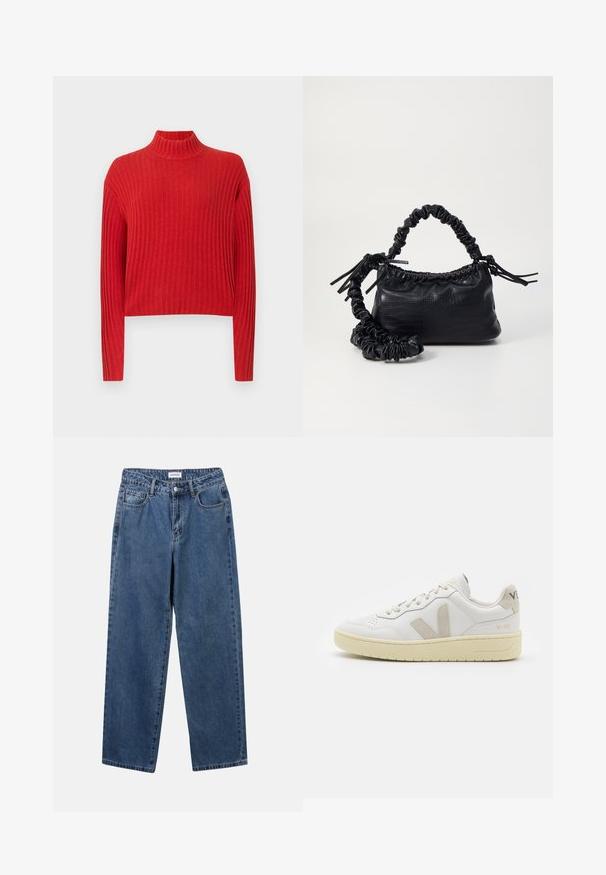 Rød ribbet genser med høy hals, lange ermer og kort design. Stoffets tekstur ser myk og strikket ut, med vertikale striper.; Klassiske blå denimjeans med rett ben-design, fem lommer og knappelukking. Har en middels vask og solid tekstur.; Hvite lær sneakers med beige semsket detaljer, perforert tåboks, flate lisser og en teksturert kremfarget såle. Har subtil branding på hælen.; Svart faux skinn-håndveske med krokodilletekstur, strammet topp og en rynket stropp. Ser myk og kompakt ut i designen.