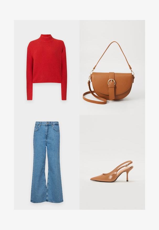 Sarkans ribots džemperis ar augstu kaklu, garām piedurknēm un īsu dizainu. Auduma tekstūra izskatās mīksta un adīta, ar vertikālām svītrām.; Gaiši zili, platā piegriezuma džinsi, kas izgatavoti no denima, ar augstu jostasvietu, piecām kabatām un vienu pogu. Mīksta tekstūra ar nolietotu apdari.; Izteikts pirksta siksnas zābaks, izgatavots no gludas, spīdīgas brūnas materiāla. Piedāvā izliekta izgriezuma dizainu un smalku stiletto papēdi. Sudraba sprādze.; Brūns ādas plecu soma ar izliekta formu, zelta piederumiem un sprādzes akcentu. Iesaiņota ar noņemamu plecu siksnu.