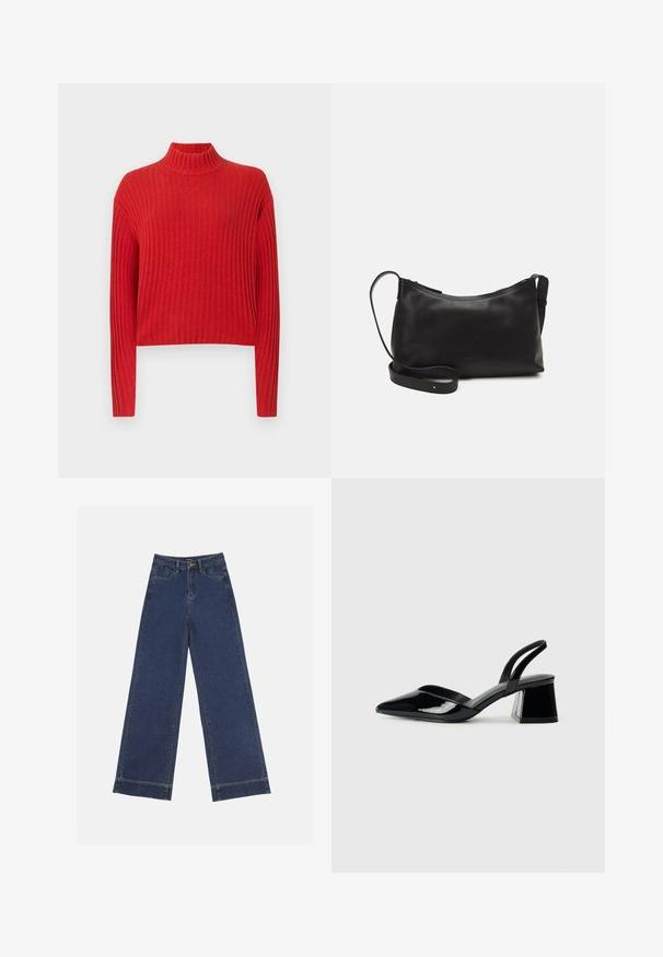 Pulover roșu cu nervuri, cu guler înalt, mâneci lungi și un design scurtat. Textura țesăturii pare moale și tricotată, cu dungi verticale.; Jeans evazați din denim albastru închis. Au cinci buzunare, bucle pentru curea și o margine brută la baza, cu detalii de coasere vizibile.; Pantofi cu toc slingback din piele lacuită neagră, cu vârf ascuțit și toc geometric. Prezintă un design elegant, minimalist și o textură netedă.; Geantă de umăr din piele neagră, cu o textură netedă, formă curbată, curea ajustabilă și închidere cu fermoar. Design minimalist, fără embellishments.