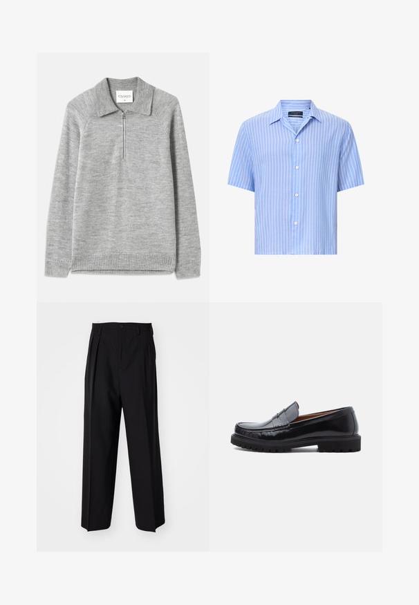 Grau Pullover mit Kragen und halbem Reißverschluss. Aus weichem Strickmaterial gefertigt, mit geripptem Saum und Ärmeln sowie einer glatten Textur.; Kurzarmpoloshirt in Hellblau mit weißen vertikalen Streifen. Aus leichtem Stoff gefertigt, mit klassischem Kragen und fünf Knöpfen.; Schwarze, plissierte Hose mit geradem, weitem Bein. Hergestellt aus glattem Stoff, mit Knopfverschluss und Gürtelschlaufen.; Schwarze Leder-Penny-Loafer mit strapazierfähiger Gummisohle und Mokassin-Stich, seitlich auf einem weißen Hintergrund dargestellt.