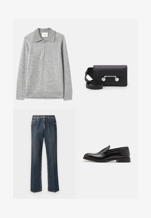 Grijze pullover sweater met een kraag en een halve rits. Gemaakt van een zacht breimateriaal, met een geribde zoom en mouwen, en een gladde textuur.; Navy blauwe T-shirt met korte mouwen met witte tekst "neanche per sogno" gecentreerd op de borst, ronde hals, maat medium.; Donkerblauwe rechte spijkerbroek met een knoopsluiting aan de voorkant, rits, dubbele voorzakken en zichtbare verticale plooien langs de benen.; Zwarte leren instappers met een gladde textuur, ronde neus en een decoratieve band over de wreef. Lage, gestapelde hak en minimalistisch ontwerp.; Zwarte leren schoudertas met een klep, zilverkleurige hardware en twee ronde accenten. Voorzien van een afneembare schouderriem. Soepele textuur.