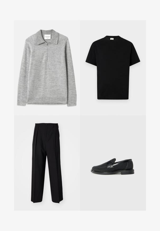 Grå genser med krage og halv glidelås. Laget av et mykt strikket materiale, med ribbestrikket kant og ermer, og med en flat tekstur.; Svart bomulls t-skjorte med rund hals, korte ermer og rett snitt. Ingen synlige mønstre eller feste detaljer.; Sorte plissert bukser med en rett, bred benform. Laget av glatt stoff, med knappelukking og beltehemper.; Sorte vevde slip-on sko med en glatt lærdetalj på overdelen, design med rund tå og en lavprofil gummisåle.