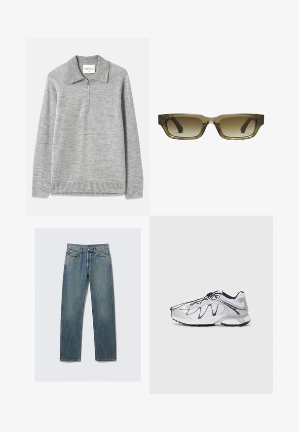 Grijze pullover sweater met een kraag en een halve rits. Gemaakt van een zacht breimateriaal, met een geribde zoom en mouwen, en een gladde textuur.; Blauwe rechte denim jeans met voor- en muntzakken, riemlussen en een metalen knoopsluiting op een effen achtergrond.; Witte sportschoenen met een bovenkant van mesh, zwarte accenten, een textuur rubberen zool en een elastisch vetersysteem. Lichtgewicht met een modern ontwerp.; Bruine gradient zonnebril met een rechthoekige vorm, dikke stevige monturen en zwarte tempels. Transparant bruin materiaal voegt diepte toe.