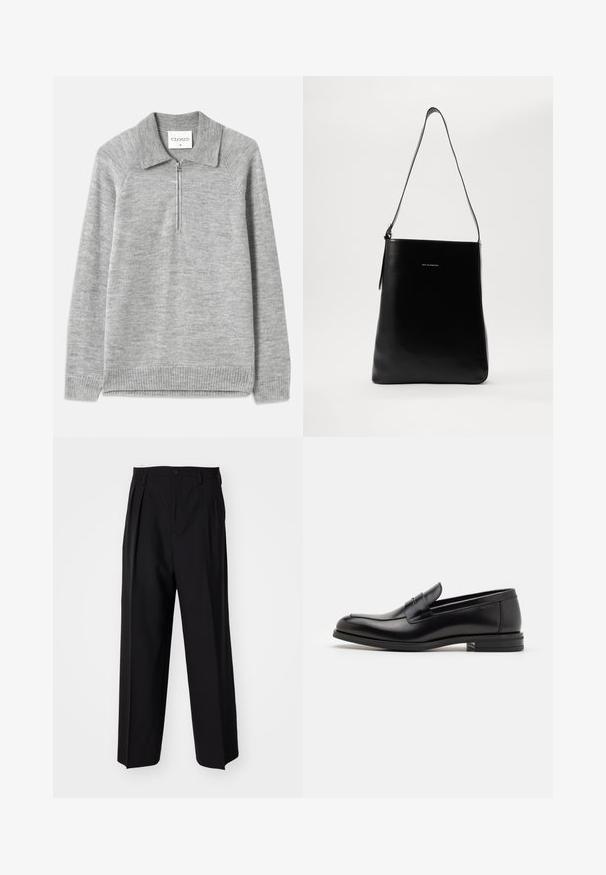 Sivi pulover s ovratnikom i polu-rajsericama. Izrađen od mekog pletiva, s rebrastim rubovima i rukavima, s ravnom teksturom.; Crne plisirane hlače s ravnim širokim nogavicama. Izrađene od glatkog materijala, s dugmadi za zatvaranje i petljama za remen.; Crni kožni mokasini s glatkom teksturom, zaobljenim prstima i ukrasnom trakom preko prednjeg dijela. Niski slojeviti potplat, minimalistički dizajn.; Crna kožna torba preko ramena s glatkom teksturom, pravokutnim oblikom i dugim remenom; ima mali bijeli logo u sredini.