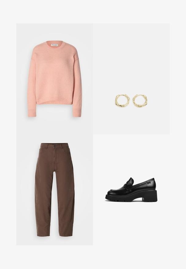 Svetlo roza, pletena pulover s okroglo izrezom, spuštenimi rameni in rebrastimi manšeti ter robom. Mehak material, sproščen dizajn.; Rjave hlače ravnega kroja z gumbom in zadrgo spredaj, zankami za pas in stranskimi žepi, prikazane na beli podlagi.; Črne usnjene molerke s debelim petom in širokim podplatom ter trakom čez zgornji del, prikazane s strani na beli podlagi.; Zlate obročaste uhane z teksturirano, nepravilno obliko. Imajo brezšivno zapiranje in poliširano površinsko obdelavo, kar poudarja sodoben dizajn.