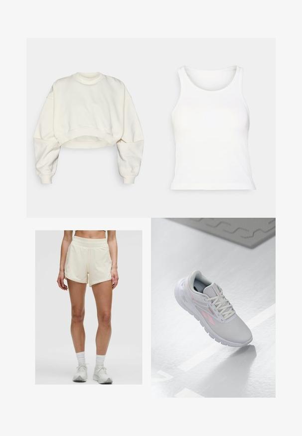 Zkrácená mikina v barvě off-white, která má žebrovaný kulatý výstřih, spadlé ramena a zakončení v pase. Hladká textura a minimalistický design.; Bílé žebrované tílko s kulatým výstřihem a bezrukávovým designem. Měkká textura, přiléhavý střih a rovný lem. Bez vzorů nebo akcentů.; Krémové sportovní šortky s elastickým pasem a bočními kapsami. Tkanina vypadá hladce a je lehká, vhodná pro aktivní nošení.; Světle šedá sportovní bota s růžovými akcenty, síťovinovým svrškem, zaoblenou špičkou, polstrovanou podrážkou a šněrováním. Povrch je hladký a reflexní.