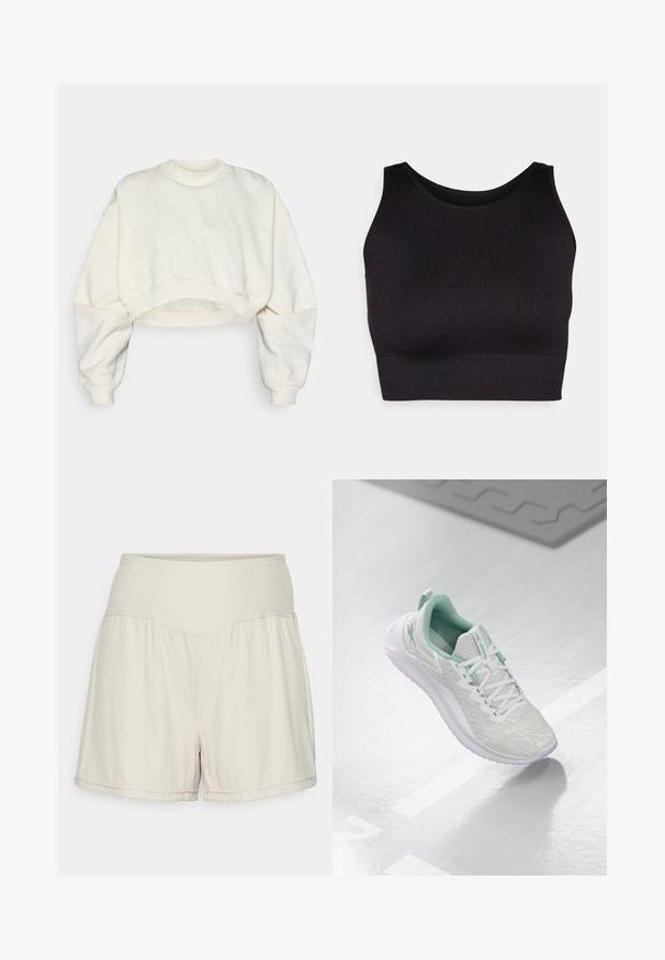 Skraćeni dukserica od boje off-white, sa rebrastim okruglim izrezom, spuštenim ramenima i pojasom na donjem rubu. Glatka tekstura i minimalistički dizajn.; Crni rebrasti crop top s visokim izrezom i širokim armholes, izrađen od mekog, rastezljivog materijala za udobnost i bešavne izrade.; Svijetlosmeđi šorts s teksturiranim rebrastim pojasom, lepršavog dizajna i svakodnevnog kroja. Sadrži šavane rubove i bočne proreze za veću fleksibilnost.; Svijetlosivi atletski tenisice s teksturiranim pletenim gornjim dijelom, mint zelenim detaljima, bijelim vezicama, gumeni potplat i petni nastavak.