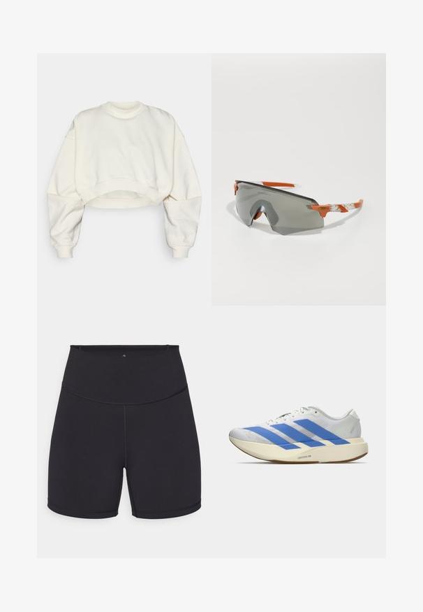 Korte sweatshirt in off-white stof, met een geribde ronde hals, een verlengde schouderpartij en een gebandeerde onderkant. Glad textuur en een minimalistisch ontwerp.; Zwarte sportshorts gemaakt van rekbaar materiaal. Kenmerken van een hoge tailleband en gladde naden. Geschikt voor actieve kleding en lichaamsbeweging.; Witte sportschoen met blauwe strepen, geztructureerde bovenkant, platte zool en "LIGHTSTRIKE PRO" branding aan de zijkant. Laag profiel ontwerp.; Sportzonnebril met een grijze lens, oranje accenten en patroon in de witte armen. Ontworpen voor prestaties met een rondlopende vorm.