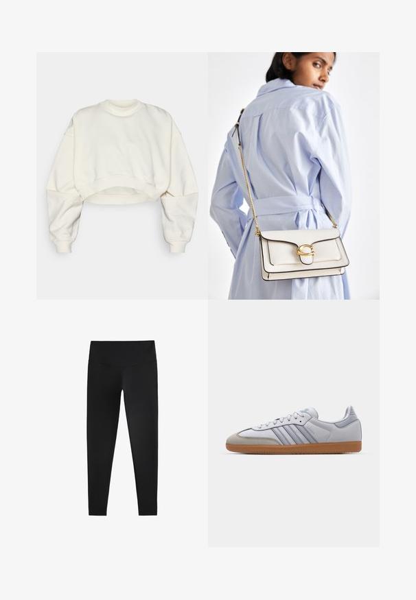 Gekürzter Sweatshirt aus weißem Stoff, mit geripptem Rundhalsausschnitt, überhängenden Schultern und Bündchen am Saum. Glatte Textur und minimales Design.; Schwarze Leggings aus dehnbarem Stoff, mit einem hohen Taillenbund und einer glatten Oberfläche, entworfen für Komfort und Flexibilität.; Weiße Ledersneaker mit hellblauen Akzenten, grauem Wildlederzehen und einer braunen Gummisohle. Verfügt über drei blaue Streifen und "Samba"-Branding.; Weiße Lederhandtasche mit goldenen Beschlägen, einer Klappe an der Vorderseite und schwarzem Rand, ausgestattet mit einer Kettenriemen, der quer über den Körper getragen wird, kombiniert mit einem hellblauen Hemd.