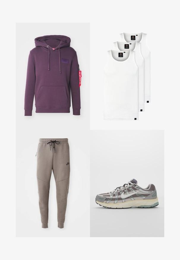 Fialová mikina vyrobená z jemnej látky s prednou kapsou, sťahovacími šnúrkami, bočnou zipsovou kapsou a látkovou nášivkou visiacou z rukáva.; Tri biele rebrované tielka vyrobené z bavlny. Majú okrúhly výstrih a malé čierne štítky pri leme. Dostupné v rôznych veľkostiach.; Sivé tepláky Nike s nastaviteľným pásom, zúženými nohavicami, bočnými vreckami a výrazným švom. Mäkká, textúrovaná látka.; Šedá športová obuv so zvrškom z nylonu a semišu, bielymi akcentmi, polstrovanou podrážkou a jedinečným dizajnom s reflexnými prvkami.