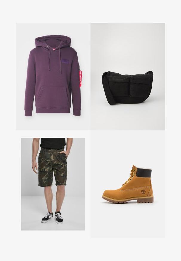 Vijolična kapuca iz mehkega blaga z sprednjim žepom, vrvicami, stranskim žepom z zadrgo in etiketo iz blaga, ki visi z rokava.; Kamuflažne cargo šortse z cargo žepi, izdelane iz tkanine v zelenih in rjavih odtenkih. V kombinaciji s črnimi športnimi copati z belimi vezalkami.; Rjave usnjene gležnjarje z metalnimi luknjami, belim krznom na notranji strani, črnima oblazinjeno ovratnikom, trdo podplatom in vtisnjenim logotipom na strani.; Črno kordurojno crossbody torbico z nastavljivim trakom, ki ima sprednje žepe in mehko teksturo. Kompaktna zasnova z minimalnim okrasjem.