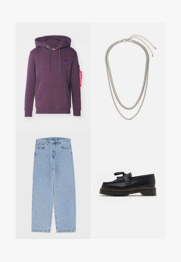 Lila Kapuzenpulli aus weichem Stoff mit einer Fronttasche, Kordelzügen, seitlicher Reißverschlusstasche und einem Stoffetikett, das am Ärmel hängt.; Hellblaue Jeans aus Denim mit geradem Bein, ausgestattet mit einer mittelhohen Taille, fünf Taschen sowie einem Knopf- und Reißverschluss.; Schwarze Lederloafers mit einem fransenverzierten Akzent, ausgestattet mit einer robusten schwarzen Sohle und gelber Naht entlang der Kante. Texturierte Oberfläche.; Dreischichtige Halskette aus Silbermetall mit schlanken, flexiblen Ketten mit leichtem Glanz, gesichert mit einem Karabinerverschluss und verstellbarer Kette.