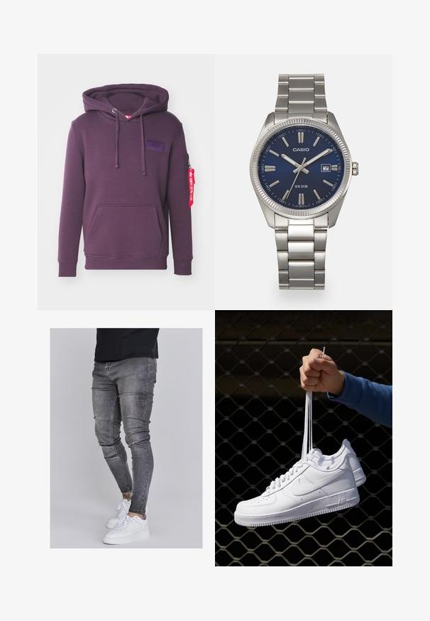 Lila kapucnis felső puha anyagból, elülső zsebével, húzózsinórokkal, oldalsó cipzáras zsebbel és egy anyagcímkével, amely a hosszán lóg.; Fakó szürke farmerből készült skinny farmernadrág, térdén kopott részletekkel, fehér sportcipővel párosítva. Simább anyag, karcsú szabás.; Fehér bőr sportcipők perforációval, kerek orral, lapos talppal és vastag fűzőkkel, látható swoosh logóval és "AIR" felirattal a sarokrészen.; Ezüst színű rozsdamentes acél karóránk sötétkék számlapja van, fém óraszámlálókkal és egy dátumablakkal a 3 órás pozícióban. 50 méterig vízálló.