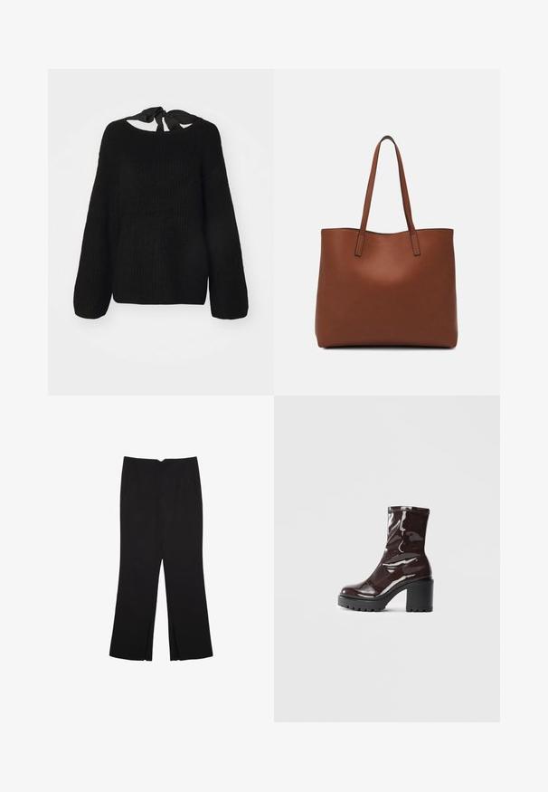 Svart stickad tröja med långa ribbade ärmar och bred ringning. Har ett tygband bak. Mjuk textur och fyrkantig passform.; Svarta byxor med rak passform, utrustade med framfickor och sidoklyvningar vid fållen. Tillverkade av mjukt, slätt tyg. Lämpliga för olika tillfällen.; Glansig bordeauxfärgad ankelsko med en kraftig svart klack, som har en slät yta och enkel design. Inga synliga stängningar eller mönster.; Brun läder tote-väska med en slät textur, öppen toppdesign och två axelremmar. Har minimal söm och ingen synlig metalldetalj.