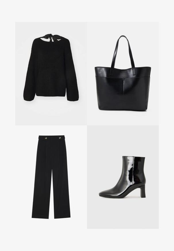Pulôver preto de malha com mangas longas e caneladas, e um decote amplo. Apresenta uma fita de tecido nas costas. Textura suave e corte boxy.; Calças largas pretas com cintura alta, detalhes em botão na cintura e pregas frontais.; Botim de tornozelo em pele sintética preta com bico apontado e salto bloco de altura média. Textura suave e design minimalista.; Bolsa tote preta em couro com duas alças longas, textura suave e forma estruturada. Apresenta um bolso frontal para armazenamento adicional.