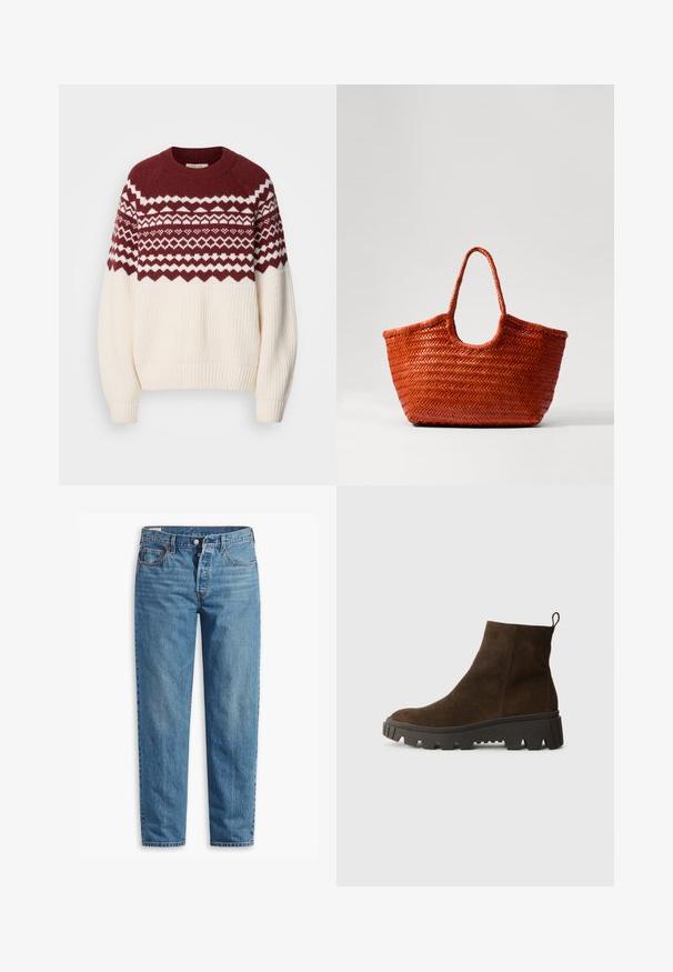 Kötött pulóver bordó és fehér geometrikus mintával a vállán, krém színű testtel, bordás mandzsettákkal és aljjal. Kerek nyakú.; Kék farmernadrág, egyenes fazonnal, cipzáros záródással, két elülső zsebbel és finom kopásnyomokkal az anyagon.; Barna velúr bokacsizma masszív fekete gumitalppal, enyhén sarokkal és hátul elhelyezett húzófüllel a könnyű felvétel érdekében.; DRAGON DIFFUSION NANTUCKET BASKET BIG - Kézitáska - naranja