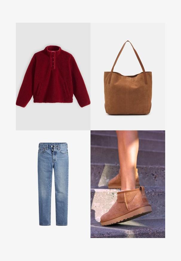 Jersey polar rojo con cuello alto y tapeta de cuatro botones, con dos bolsillos laterales y una superficie suave y texturizada.; Jeans de mezclilla azul claros con corte recto, diseño de cinco bolsillos y cierre de botón. Presentan un ligero desvanecimiento y acentos de costura en naranja.; Botas de tobillo de ante color beige con una textura suave, detalles de costura y una suela de goma, que cuentan con un tacón en bucle para facilitar su uso.; Bolso tote de ante marrón con dos asas largas, que presenta una textura suave, un diseño simple y sin herrajes ni acentos visibles.