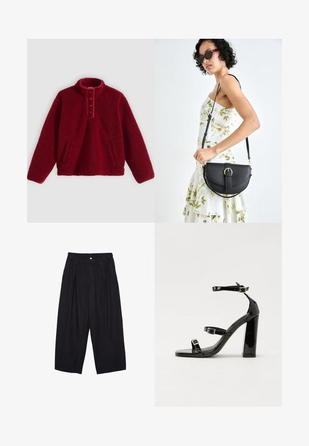Crveni flis pulover s visokim ovratnikom i plastičnim zatvaračem s četiri gumba, s dvije bočne džepa i mekanom, teksturiranom površinom.; Crne poliester hlače culotte s elastičnim pojasom, dva prednja nabora i širokim krojem. Nema vidljivih uzoraka ili metalnih detalja.; Crne lakirane sandale na pete sa kvadratnim nosom, trakama oko gležnja i srebrnim kopčama. Imaju čvrst blok petu za stabilnost.; Crna kožna torba s lukovitim oblikom, odvojivim remenom i zlatnim detaljima. Torba ima preklop s kopčom.