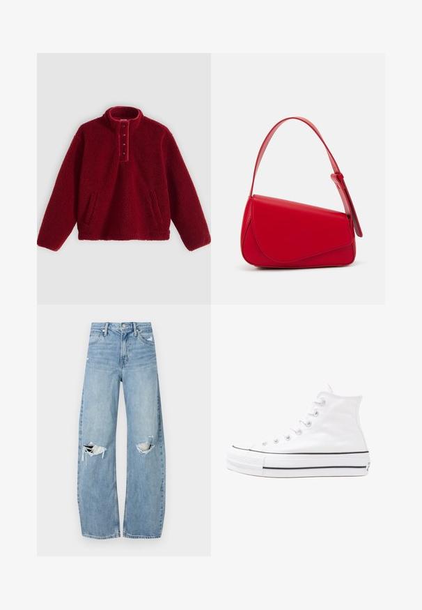 Rød fleecegenser med høy krage og fire-knappers stolpe, med to sidelommer og en myk, teksturert overflate.; Lyseblå høytlivsjeans laget av denim. Har vide bein, to revne knær og klassisk fem-lommers design.; Hvit høy-skinn kanvas sneakers med svart gummisåle, gummitåhette foran og seks hull for snorer, med et rent, minimalistisk design.; Rød lærveske med en vinklet, geometrisk design. Har en enkelt justerbar stropp og en klaffelukking med sydd detaljer.