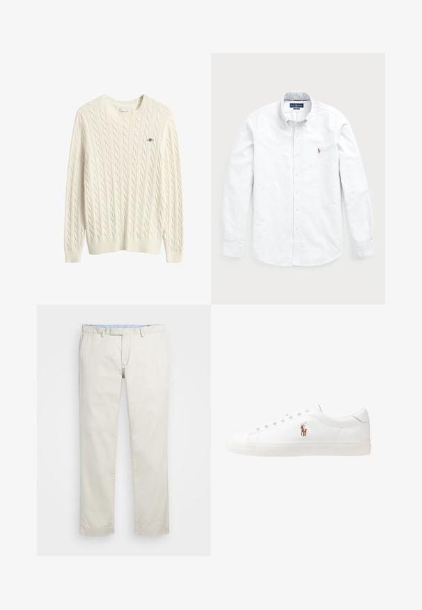 Cream cable-knit sweater featuring a ribbed crew neck and hem. Small logo embroidered in blue on the chest. Soft, textured fabric.; White long-sleeve button-up shirt made of cotton. Features a spread collar, button closure, and a small embroidered logo on the chest.; Beige cotton chinos with a flat front, belt loops, and side pockets. Straight-leg design with a smooth texture and a light, breathable feel.; White leather sneakers, low-top design, featuring a smooth texture, round toe, laced front, and a small embroidered logo on the side.