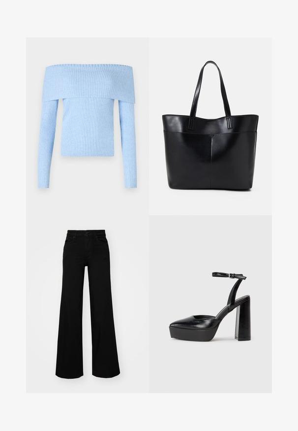 Suéter de punto acanalado azul claro, con los hombros al descubierto, de manga larga y diseño ajustado. El material parece suave con una textura uniforme.; Pantalones de mezclilla de pierna ancha y color negro, con una cinturilla estructurada, pasadores para cinturón y bolsillos frontales. Textura suave con un diseño clásico.; Zapatos de tacón negro con punta afilada y correa ajustable en el tobillo. Confeccionados en cuero suave, presentan un tacón grueso.; Bolso tote de cuero negro con dos asas largas, textura suave y forma estructurada. Cuenta con un bolsillo frontal para almacenamiento adicional.