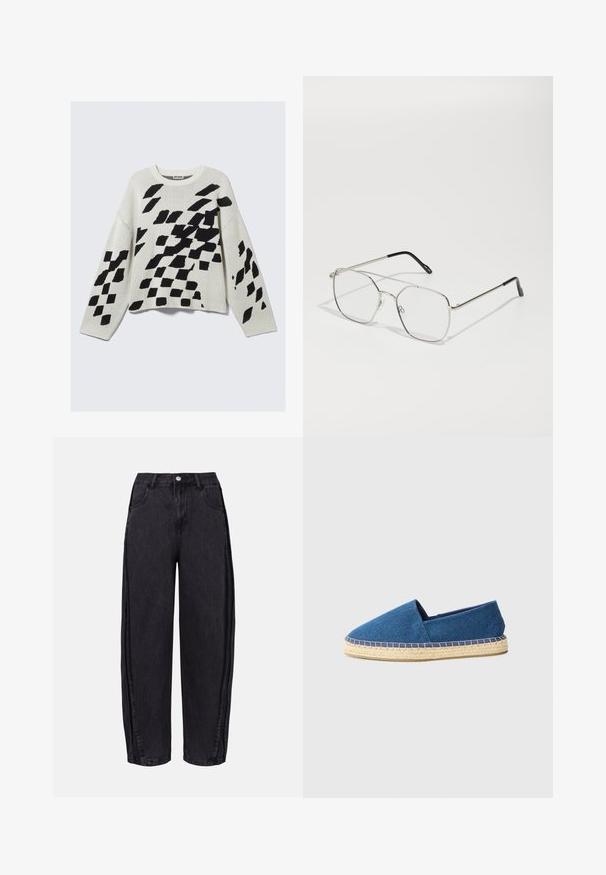 Strickpullover in hellbeige mit schwarzen geometrischen Mustern. Verfügt über einen runden Halsausschnitt, lange Ärmel und eine lockere Passform.; Schwarze weit geschnittene Jeans aus Denim mit glatter Textur. Verfügt über eine hohe Taille, Fronttaschen und einen Knopfverschluss am Bund.; Blaue Leinensandale mit geschlossenem Zeh, Jutesohle und genähtem Rand. Glatte Stoffoberfläche und flaches Design.; Silberne Metallbrille mit geometrischer, achteckiger Form, klaren Gläsern und schwarzen Enden an den Bügeln. Minimalistisches Design mit dünnen Fassung.