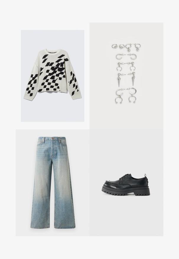 Világos bézs színű kötött pulóver fekete geometriai mintákkal. Kerek nyakkal, hosszú ujjakkal és laza szabással rendelkezik.; Világoskék széles szárú farmernadrág. Magas derekú, gombos záródással, diszkrét kopással, sima textúrával és varrott varratokkal rendelkezik.; Fekete, vastag bőr, fűzős cipő, vastag, strapabíró talppal és fém fűzőlyukakkal az orr részén, sima, világos háttér előtt fényképezve.; Ezüst fülbevalók készlete, különböző dizájnokkal: karikák, bedugós fülbevalók és lógó stílusok, golyós díszítésekkel és hegyes elemekkel.