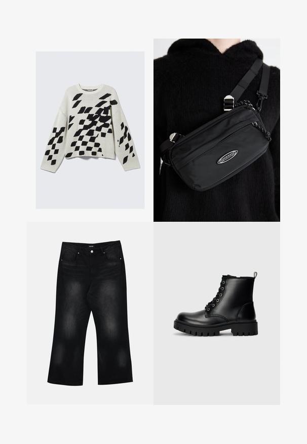 Pleteni pulover u svijetloj bež boji s crnim geometrijskim uzorcima. Ima okrugli izrez, duge rukave i ležeran kroj.; Crne široke traperice, izrađene od denima, s dva prednja džepa, suptilnim izbjeljivanjem i kopčanjem na gumbe u struku.; Crne kožne gležnjače s okruglim vrhom, vezanjem i robusnom, debelom potplatom. Imaju petni loop i srebrne detalje.; Crna najlon crossbody torba s podesivom trakom, koja se odlikuje glatkom teksturom, prednjim džepom na patentni zatvarač i logotipom kao akcentom.