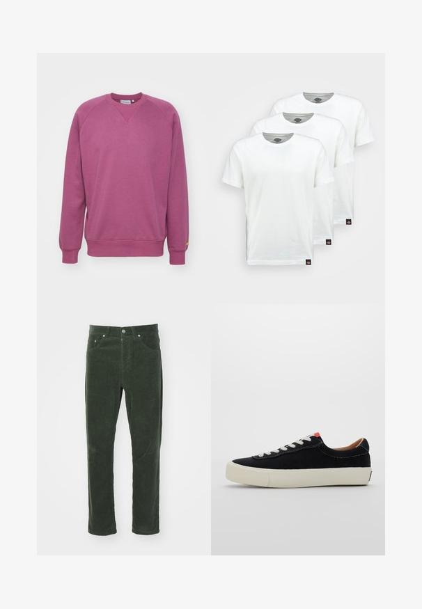 Carhartt WIP CHASE - Sudadera - dusty fuchsia/gold; Tres camisetas de algodón blanco liso con mangas cortas. Cada camiseta tiene un escote redondo y una pequeña etiqueta de logo negra en el lado izquierdo.; Pantalones de pana verdes con un diseño de pierna recta, que cuentan con cinco bolsillos, cierre de botón metálico y superficie texturizada de costillas.; Zapatilla de tela negra con cordones blancos, suela de goma beige y acento rojo en el talón. Punta redondeada y detalles de costura mínimos.