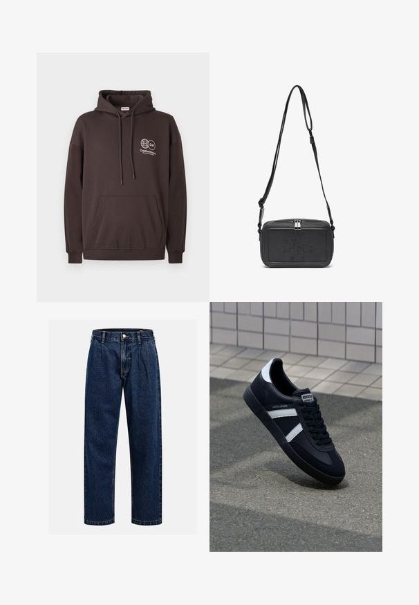 Tumši brūns kapucis džemperis, izgatavots no kokvilnas maisījuma, ar priekšējo kabatu un baltu logotipu ar globusu un tekstu kreisajā krūšu pusē.; Tumši zilie džinsu bikses ar taisna kāju dizainu. Iezīmējas redzamas šuves, pogu aizdare un priekšējie gurni papildu detaļām.; Melnā ādas sporta apavi ar baltām svītrām, teksturēta gumijas zole un auklu aizdare. Iekļauj zīmola etiķeti uz mēles.; Melna ādas soma uz pleca ar zīmolu, slēdzamu rāvējslēdzēju un regulējamu siksnu. Gluda tekstūra un taisnstūru forma.