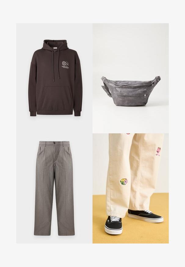 Dunkelbrauner Kapuzensweater aus Baumwollmischung, mit einer Fronttasche und einem weißen Logo mit Globus und Text im linken Brustbereich.; Grau Hahnentrittmuster-Hosen mit geradem Bein, ausgestattet mitFalten, einem Bund mit Knopfverschluss und Seitentaschen.; Beige Baumwollhosen mit verspielten, gestickten Motiven, darunter eine pinke Figur und bunte Blöcke, kombiniert mit schwarzen Schnürsneakern.; Graue Wildleder-Gürteltasche mit runder Form, zwei mit Reißverschluss verschlossenen Fächern und verstellbarem Trageriemen. Mit metallischen Hardware-Akzenten.