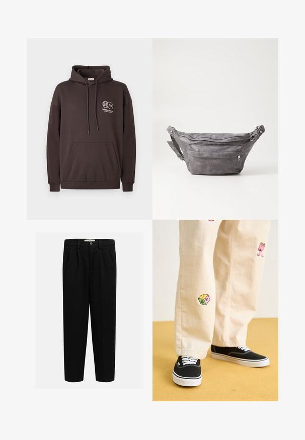 Sötétbarna kapucnis pulóver, pamut keverékből készült, elülső zsebből és egy fehér logóból áll, amely a bal mellrészen egy földgömböt és szöveget ábrázol.; Fekete nadrág, puha anyagból, egyenes szárú kialakítással, elöl redőkkel és gombos záródással a deréknál.; Beige pamut nadrág játékos hímzett mintákkal, beleértve egy rózsaszín karaktert és színes blokkot, fekete fűzős tornacipővel párosítva.; Szürke velúr övtáska kerek formával, két cipzáras rekesszel és állítható pánttal. Fém dekorációval rendelkezik.