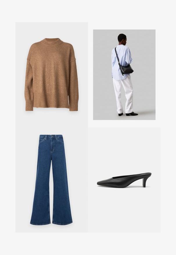 Pruunist kudumist tehtud soe sviiter, millel on kõrge soonikuline kaelus, langenud õlad ja soonikuga äär. Tekstuur näeb välja pehme ja soe.; Sinine denimist laienevad teksad kõrge vöökoha ja viie taskuga, nupuvajutusega kinnituse ning kontrastsete õmblustega õmblustel.; Mustadast mustad nahast teravatipulised mules madala stilletokontsaga. Sile tekstuur, minimalistlik disain ja avatud selg mugavaks selga panemiseks.; Must have mustras alasi nahkpatsi, pehme tekstuuriga, kolmnurkse kujuga ja reguleeritava rihmaga, koos helesinise triibulise särgi ja valgete pükstega.; Kolme metallist rõngast: üks roosa kuld, üks kuld tekstuursete aktsentidega ja üks hõbe, kõik sisepoolt graveeritud brändinguga.