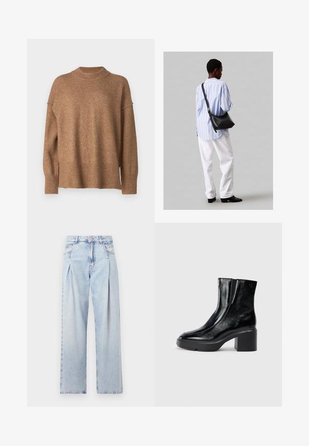 Barna kötött pulóver, magas bordás nyakkal, ejtett vállakkal és bordás aljjal. A textúra puha és melegnek tűnik.; Világoskék farmernadrág magas derekú, bő szabású, két oldalsó zsebbel és pliszírozott dizájnnal. Puha tapintású, elhalványított felület.; Fekete lakkbőr bokacsizma ívelt orral, elasztikus oldalpanelek és vastag blokk sarkal. A hátsó részen dombornyomott logó található.; Fekete bőr válltáska puha tapintással, háromszög alakú, állítható pánttal, világoskék csíkos inggel és fehér nadrággal párosítva.