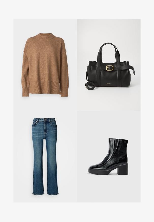 Smešani smešak u smeškolikoj boji s visokim, rebrastim izrezom, spuštenim ramenima i rebrastim rubom. Tekstura izgleda mekano i toplo.; Traperice viskog struka u plavoj boji, s ravnim nogavicama, blagim izbljeđivanjem, te standardnim dugmetom i zatvaračem.; Crne lakirane gležnjače s zakrivljenim prstom, elastičnim bočnim panelima i masivnom blok petom. Sadrže urezani logo na leđima.; Crna kožna torba s strukturiranim dizajnom, dvostrukim gornjim ručkama, zlatnim kopčom kao naglaskom i utisnutim logotipom marke sprijeda.