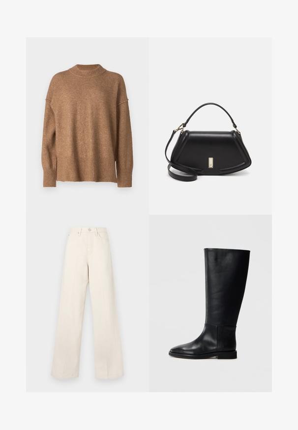 Barna kötött pulóver, magas bordás nyakkal, ejtett vállakkal és bordás aljjal. A textúra puha és melegnek tűnik.; Beige, magas derekú, bő szabású nadrág, puha, texturált anyagból készült. Gombos cipzár és elülső zsebek jellemzik a funkcionalitás érdekében.; Fekete bőrből készült, térd fölé érő csizma, lekerekített orral, sima felülettel, minimalista dizájnnal és lapos talppal. Egyszerű varrási részletek a szárán.; Fekete bőr kézitáska, strukturált dizájnnal, rövidített formával, felső fogantyúval és arany színű kiegészítőkkel. Állítható vállpánt is tartozik hozzá.; Három fémgyűrű: az egyik rose gold, a másik texturált akcentusokkal ellátott arany, a harmadik pedig ezüst, mindegyiken gravírozott márkajelzés található a belső sávon.