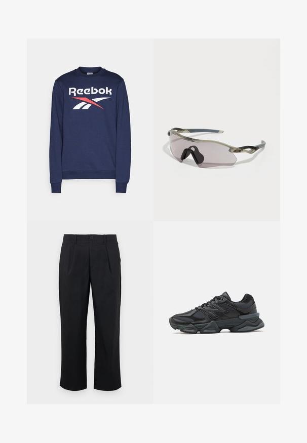 Tengerszínű, pamut keverékből készült pulóver, kerek nyakkivágással és bordázott mandzsettákkal, nagy, fehér és piros Reebok logóval.; Fekete nadrág egyenes szabással, elején redőkkel, gombos záródással és sima szövet textúrával.; Fekete futócipő, mely háló és szintetikus anyagok keverékéből készült, vastag talppal, ívelt kialakítással és hangsúlyos logóval az oldalon.; Átlátszó szürke keretű napszemüveg, tónusos lencsékkel és szögletes dizájnnal. Kiemelkedő orrbetéte és texturált sötétszürke templomkarjai vannak.