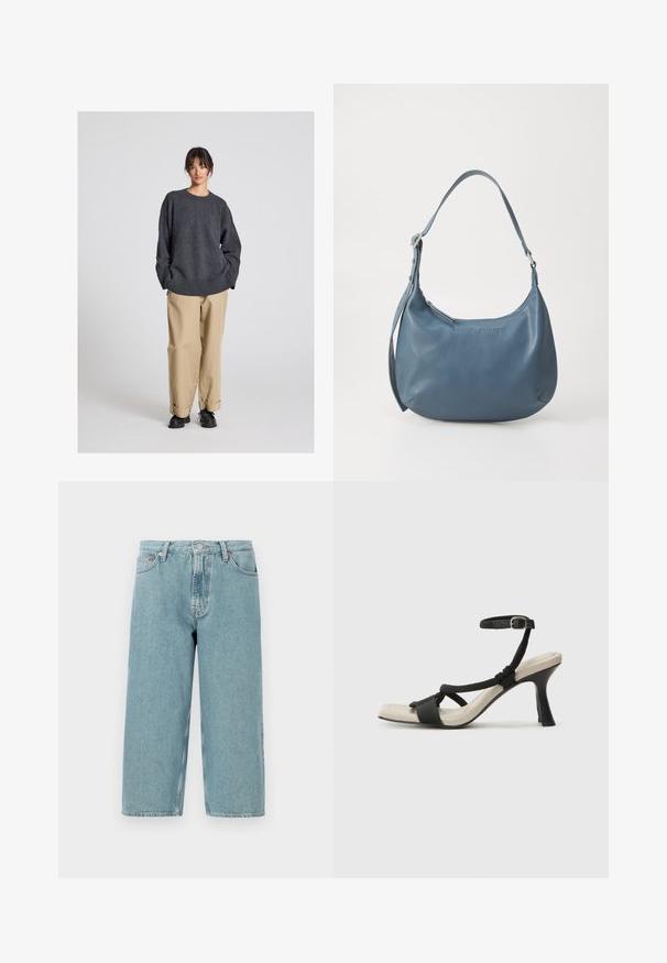 Grijze trui met een losse pasvorm en geribde onderrand, gecombineerd met beige omgeslagen broeken en zwarte schoenen. Soepele textuur, minimalistisch ontwerp.; Lichtblauwe denimshorts met een hoge taille, rechte snit en rauwe zoom. Voorzien van een klassieke knoop- en ritsluiting en vier zakken.; Zwarte hoge hak sandaal met een gevlochten bandontwerp, vierkante teen en verstelbare enkelband. Lichtbeige voetbed met een glanzende zwarte hak.; Blauwe leren handtas met een ronde vorm, enkele schouderriem, ritssluiting en geïmpregneerde merknaam aan de voorkant. Gladde textuur.