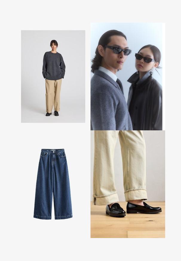 Grijze trui met een losse pasvorm en geribde onderrand, gecombineerd met beige omgeslagen broeken en zwarte schoenen. Soepele textuur, minimalistisch ontwerp.; Brede denim trousers in donkerblauw. Gemaakt van stevig katoen, met een hoge taille, voorzakken en rechte, korte broekspijpen met zichtbare stiksels.; Persoon in beige geplooide broek en glanzende zwarte leren loafers staand op een houten vloer tegen een lichte achtergrond.; Zonnebril met hoekige zwarte frames op een model in een grijs sweater, waarin een gestructureerde brei te zien is, en een zwart leren jack gedragen door een ander model.