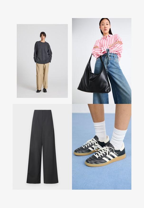 Maglione grigio con una vestibilità morbida e orlo a costine, abbinato a pantaloni beige con risvolto e scarpe nere. Tessuto liscio, design minimalista.; Pantaloni a vita alta, a gamba larga in tessuto grigio scuro con una texture liscia. Presentano nessuna tasca visibile o decorazioni.; Sneaker in pelle nera con strisce bianche, punta rotonda, lacci bianchi e suola in gomma. Menzionate del collare imbottito e dettagli del marchio.; Borsa a spalla in pelle nera con una forma morbida e dettagli sulle cuciture. Il modello indossa una camicia a righe rosa e bianche con jeans a gamba larga blu.