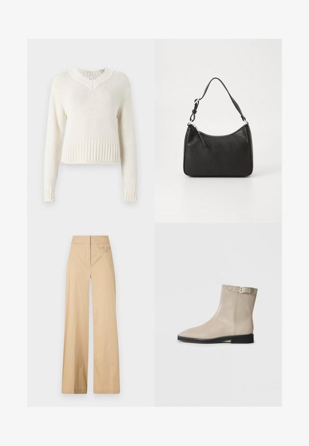 Grietos spalvos megztinis su V formos iškirpte, raukšlėtu kraštu ir ilgomis rankovėmis. Pagamintas iš tekstūruoto audinio, pasižymi kvadratiniu siluetu.; Smėliniai plačiakelniai kelnių pagaminti iš medvilnės ir sintetinės medžiagos mišinio. Turi lygų tekstūrą, elastingą juosmenį ir šoninį mygtuko akcentą.; Bežiniai odiniai auliniai batai su smailiu priekiu, juodu padu, žemu kulnu ir auksine sagtimi išorinėje pusėje, pristatyti baltame fone.; Juoda odinė rankinė su išlenkta forma, viena dirželiu, užtrauktuko uždarymu ir subtiliu ženklinimu priekyje. Lygus paviršius, minimalistinis dizainas.