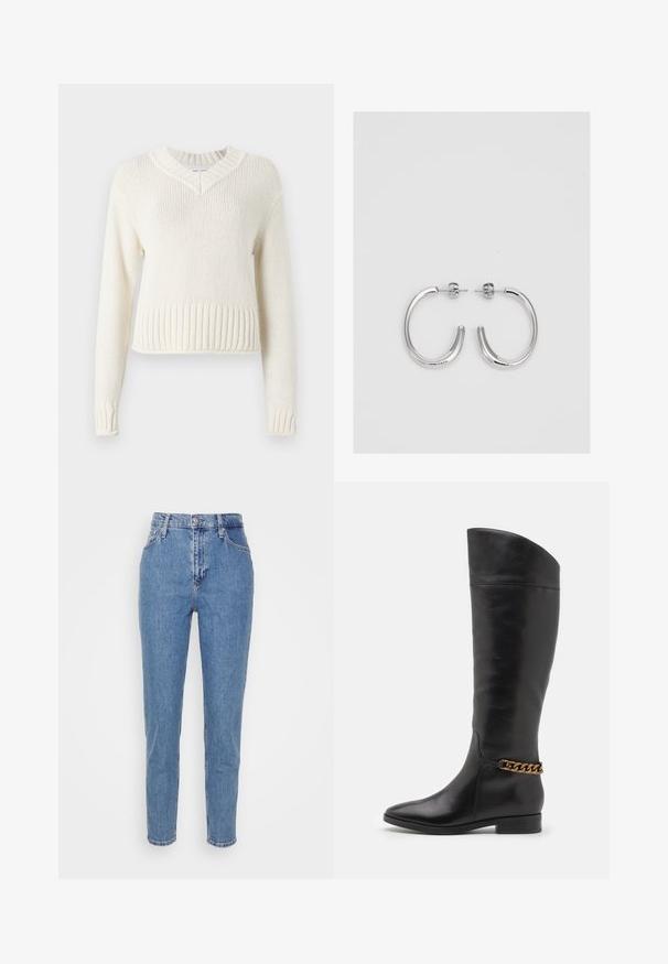 Kreemikas värvi kootud sviiter V-kaelusega, ribatud alumise serva ja pikkade varrukatega. Valmistatud tekstureeritud kangast, omab kastjat siluetti.; Sinised kõrge talje ja sirged teksad, millel on ees nupp ja lukk, vööklambrid ja taskud, esitatud valgel neutraalsel taustal.; Kõrged mustad nahast saapad, millel on stiilne disain, terav nina ja kuldne kett aktsent pahkluul. Madal plokk-konts. Sile tekstuur.; Hõbedased rõngaskõrvarõngad, millel on sile ja läikiv pind. Ümar kuju, kerge disain, millel on post-tagumise kinnituse süsteem.