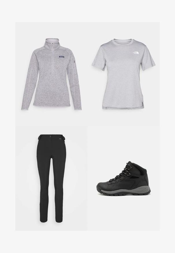 Pulôver de felpa cinza claro com colarinho alto e fecho de meia zip. Apresenta um pequeno logotipo no peito e tecido texturizado com bordas suaves.; T-shirt cinza de mangas curtas feito de um tecido suave e que absorve a humidade. Apresenta um decote redondo e um pequeno logotipo branco na parte superior esquerda.; Calças pretas, ajustadas, feitas de um material flexível. As características incluem um bolso lateral com fecho éclair, joelhos articulados e uma textura suave.; Bota de caminhada preta com design de cano médio, apresentando um upper texturizado, detalhes cinzentos e sola de borracha durável com cravos de tração.