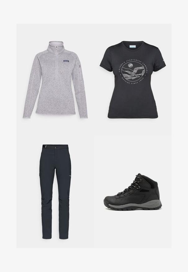 Lys grå fleece pullover med en halv krave og lynlås. Har et lille logo på brystet og tekstil med struktureret overflade og glatte kanter.; Sort Columbia t-shirt med hvid cirkulær bjerg- og flodlinjekunst samt teksten "Columbia Sportswear Company Udenfor Siden 1938."; Herrers udendørsbukser, mørkegrå, lavet af fleksibelt materiale, med bælte, lynlåslommer og forstærkede syninger.; Sort vandrestøvle med en mellem-højde design, der har en tekstureret overdel, grå detaljer og en holdbar gummisål med skridsikre klodser.