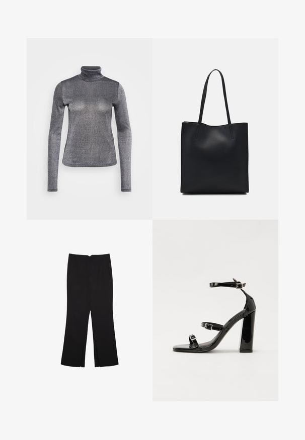 Długi rękaw, golf w metalicznej srebrnej tkaninie. Gładka faktura, dopasowany krój, z subtelnym połyskiem i wysokim dekoltem.; Czarne spodnie o prostym kroju, z przednimi kieszeniami i bocznymi rozcięciami na dole. Wykonane z miękkiego, gładkiego materiału. Odpowiednie na różne okazje.; Czarne lakierowane sandały na obcasie z kwadratowym noskiem, z paskami wokół kostki i srebrnymi klamrami. Posiadają masywny słupek dla stabilności.; Czarna skórzana torba tote o gładkiej fakturze, prostokątnym kształcie i dwóch długich uchwytach. Brak widocznych elementów metalowych i ozdób.