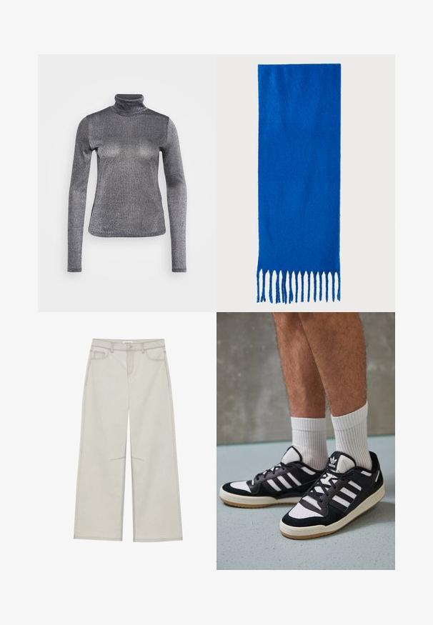 Long-sleeve turtleneck top in metallic silver material. Smooth texture, fitted design, with subtle sheen and high neckline.; Light gray wide-leg pants with five pockets, front button closure, and contrast stitching along seams. Fabric appears soft and durable.; Black and white sneakers with a suede and leather upper, featuring three white stripes, a perforated toe, and a gum rubber sole.; Blue fringed scarf made of soft fabric; features a solid color with a textured surface and evenly cut fringe at the bottom.; Black leather handbag with two short handles, silver hardware, white accents, and a white logo. Features a textured surface and compact design.