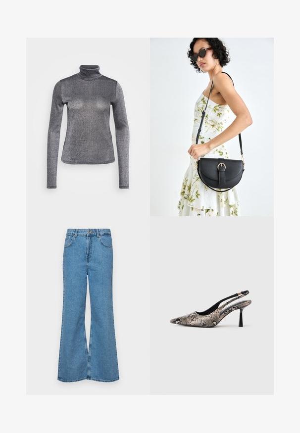 Camisola de gola alta de manga longa em material prateado metálico. Textura suave, design ajustado, com um brilho subtil e gola alta.; Jeans de brim azuis claros, com corte à boca de sino, apresentando uma cintura alta, cinco bolsos e um fecho de botão único. Textura macia com acabamento desbotado.; Sapatos slingback de bico fino feitos de material texturizado com padrão de cobra, apresentando um salto preto esguio e um design recortado nas laterais.; Bolsa de couro preta com forma curva, alça destacável e detalhes em dourado. A bolsa possui uma aba com detalhe de fivela.